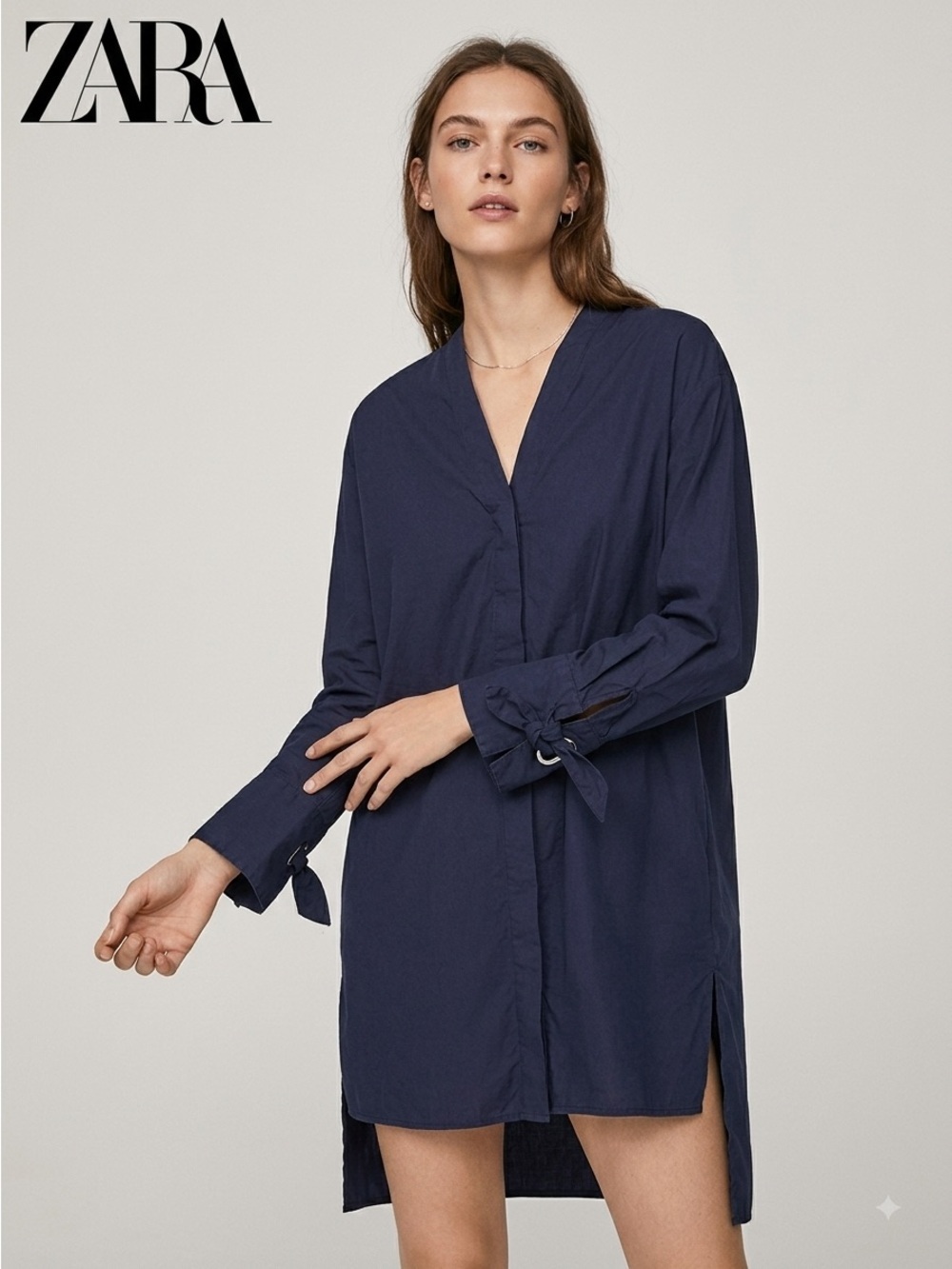 Navy Blue Long Sleeve Cotton Poplin Tunic Shirt Dress - Small